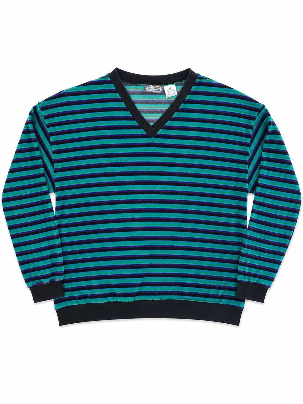 Vintage Velvet Striped V-Neck Sweater in Teal and Black, Size 3XL